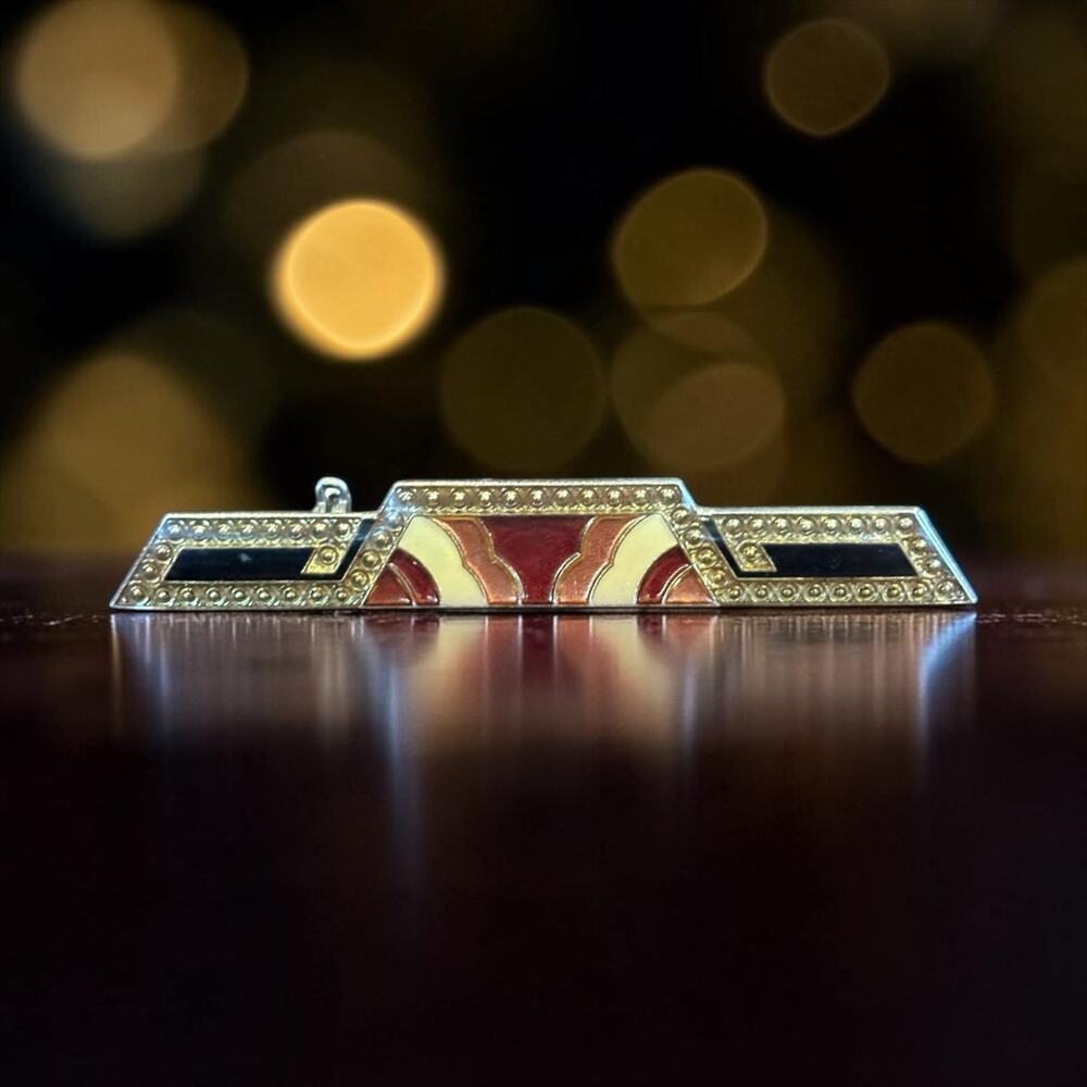 Vintage Art Deco Style Bar Brooch Geometric Black Red Cream Enamel Pin
